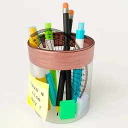 Realistic 3D model of a desk organizer with pens, markers, and ruler, designed in Blender for office and art supply rendering.