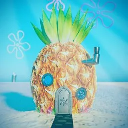 Realistic 3D-rendered pineapple house on sandy ocean floor, creative Blender modelling.