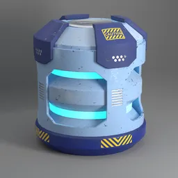 "Get the Scifi Cylinder PowerCell PBR 3D model for Blender 3D. This stunning 3D model features a blue and yellow robot with a light on, military storage crate, pillars, and a glowing jar. Inspired by Irvin Bomb, Transformers, and other hero props, this round-based model is perfect for any science-miscellaneous project."