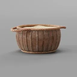 Detailed 3D wicker basket model textured for realistic rendering, suitable for Blender medieval decor.