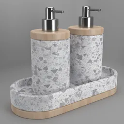 "3D model of Soap Bottle and Ceramic Tray in Blender 3D - featuring two soap dispensers on a wooden tray, inspired by Mathieu Le Nain's art and designed with detailed product images. This utility category model showcases digital camo patterns, cubic minerals, limestone texture, water splashes, toothpaste refinery, and a speckled finish by Jaakko Mattila."