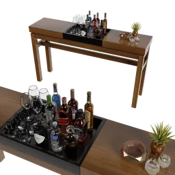 Realistic 3D model of a wooden sideboard with assorted bottles and decorations, ideal for interior design renders in Blender.