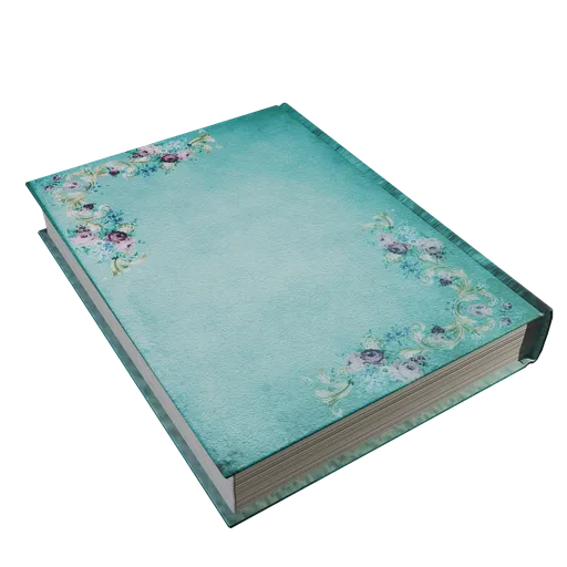Detailed blue 3D storybook with floral texture, compatible with Blender eevee and cycles rendering.