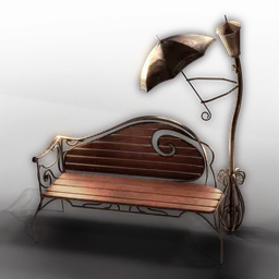 "3D model of a wooden bench with a decorative metal lantern and umbrella designed for Blender 3D software. Inspired by Slawomir Maniak, this model features intricate details such as brass beak and heavy-gauge filigree. Ideal for creating realistic outdoor scenes and environments."
