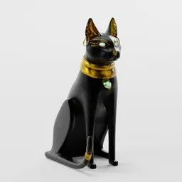 Detailed Blender 3D model of a black Egyptian cat statuette with gold accents, ideal for digital sculpting reference.