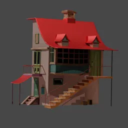 "Stylized lowpoly cottage 3D model for Blender 3D with red roof, balcony and neat Wes Anderson inspired design. Perfect for creating whimsical scenes with weird angles and flat shading. Also features animal crossing style and beeple rendering."