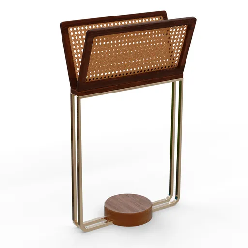 Detailed 3D model of a modern wooden and aluminum magazine rack designed by Lucas Neves for interiors.