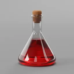 "Explore the intricate details of 'Potions 2', a high-quality 3D model suitable for video games and other projects in Blender 3D. The model features realistic textures of a red liquid in a glass flask, displayed on a mahogany desk, and is perfect for creating a mystical atmosphere in your digital creations."