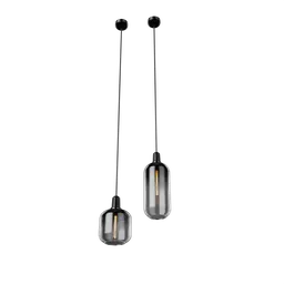 "Large glass pendant lights hanging from a black ceiling in the style of Thomas de Keyser. The light fixtures feature gradient glass color and are rendered with warm, muted lighting. This 3D model is perfect for Blender 3D enthusiasts looking to add ultra-detailed and realistic ceiling lights to their designs."