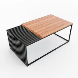"3D Coffee Table model with wooden top and metal frame for Blender 3D software. High-end photorealistic model with intricate tillable textures for use in architectural designs, games, and various applications."