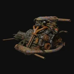 Detailed 3D model of a rusted engine, suitable for Blender scenes, showcasing textures and realism.