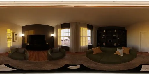360-degree HDR panorama featuring a cozy living room with green sofas, bookshelf, and warm lighting.