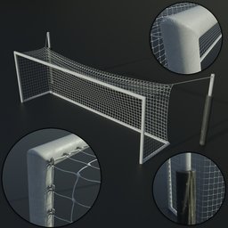 "Hi-quality 3D model of a soccer goal gate with a detailed net texture, perfect for Blender 3D. Standardized size for barrier integrity in-game. Available on UE marketplace."