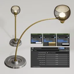 "Procedural floor lamp 3D model created with Blender geometry and shader nodes. Fully customizable with gold and luxury materials and a grey and gold color palette. Perfect for video game assets or display items in multiplayer set-pieces, featuring light transport simulation and destructible environments. Compatible with Unreal Engine."