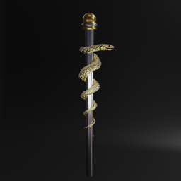 "Discover the mesmerizing 3D model of 'The Staff of Asclepius' created in Blender 3D. This captivating artwork features a snake entwined around a sword, with a black background and PBR textures. Inspired by Miyagawa Shunsui, the model showcases a crystal column and a meticulously crafted caduceus staff, complete with skin spikes. Perfect for medical and gaming projects."