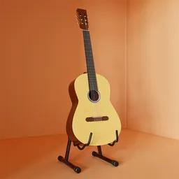 Detailed 3D rendered classical guitar on stand, perfect for Blender 3D projects, with realistic textures.