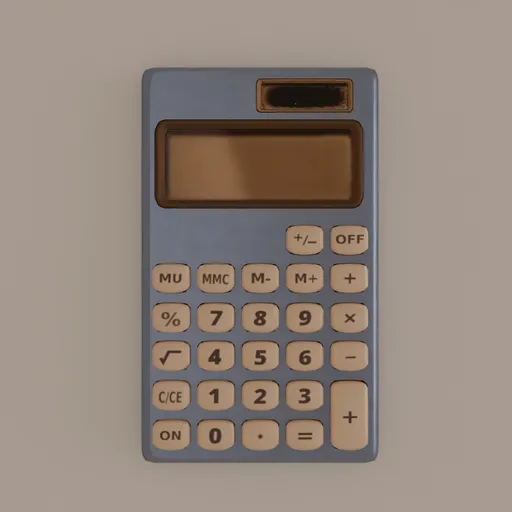 Highly detailed Blender 3D model of a blue handheld calculator with solar panel and buttons.