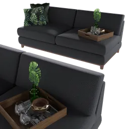 Detailed Blender 3D model of a grey sofa with tropical cushions and a wooden tray with decorative items.