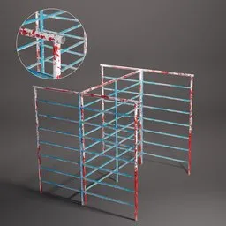 "Vintage Soviet Czechoslovakian Climbing Frame 3D Model in Blender 3D - Rustic and Weathered Playground Equipment. Colorful Redshift Render, Perforated Metal, and Brushed Red and Blue Paint with Eye-Level Perspective. Perfect for Playgrounds and Outdoor Scenes."