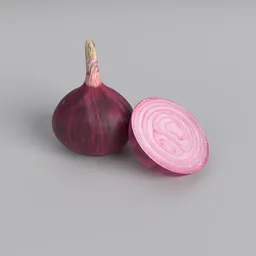 Detailed Blender 3D model of a whole and a half red onion, showcasing texture and geometry quality.