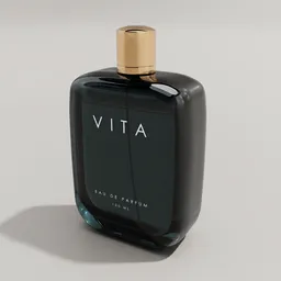 Elegant 3D-rendered black glass perfume bottle with metallic cap for Blender visualization.