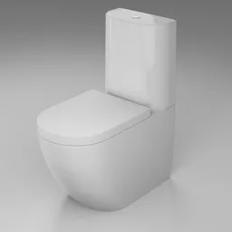 Realistic 3D model of a modern white monoblock toilet with ecological tornado flush system for Blender rendering.