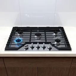 Highly detailed Blender 3D model of a Whirlpool gas cooktop with animated flames and knobs, ready for kitchen scenes.