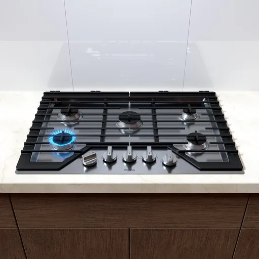Highly detailed Blender 3D model of a Whirlpool gas cooktop with animated flames and knobs, ready for kitchen scenes.