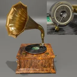 Detailed 3D model of a vintage gramophone, Blender-rendered, with wooden case and brass horn, showcasing craftsmanship and historic design.