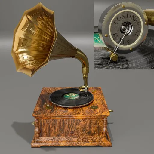 Detailed 3D model of a vintage gramophone, Blender-rendered, with wooden case and brass horn, showcasing craftsmanship and historic design.