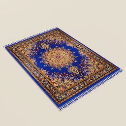 "Highly detailed 3D model of a Persian-inspired blue rug with a gold medallion, created in Blender 3D. This carpet features intricate thread work made using geo nodes, with hair particles disabled for improved viewport performance. Perfect for game development and architectural visualization. Available on the UE Marketplace."