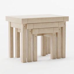 "Get the 3 Nest of Tables - Light Oak Model for Blender 3D, featuring three wooden tables with drawers and allen key joints. This detailed cycladic sculptural style set is perfect for kids and home decor enthusiasts alike."