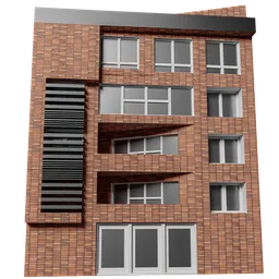 Detailed 3D model of a brick facade multi-story building for Blender, optimized for low-poly architectural renders.