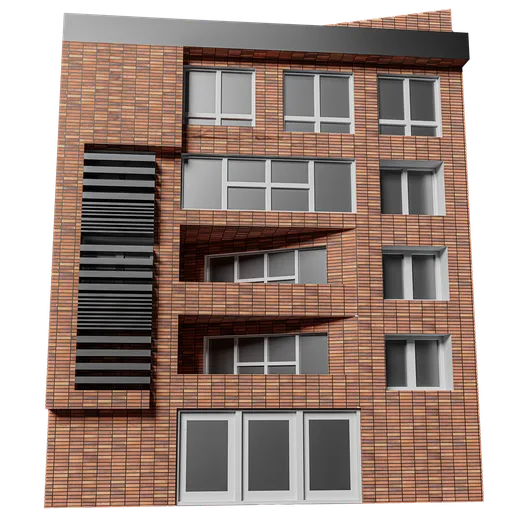 Detailed 3D model of a brick facade multi-story building for Blender, optimized for low-poly architectural renders.