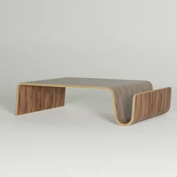 "Kardiel Scan 43 Coffee Table in Woodlands Style" - A stylish wooden coffee table with a curved top, inspired by Willem van der Vliet's designs. Created using Blender 3D software, this rectangular table features a trendy enso shape and a ukiyo-inspired aesthetic.