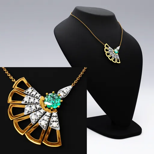 Detailed 3D render of an intricate gold and diamond pendant on a sleek stand, ideal for Blender 3D jewelry design visualization.