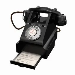 "Black retro telephone model - GPO312L, 3D rendered in high definition for Blender 3D. Realistic restored face, hard rubber chest in a 1940 setting with interconnections, mute function, and a paper note inside. Perfect for audio enthusiasts and vintage lovers alike."