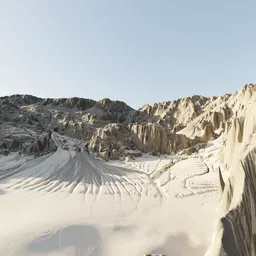 "Experience a breathtaking winter wonderland with our Snowy Mountain Terrain Piece 4 3D model created in Blender 3D. Skiers glide down a snowy mountain surrounded by intricate and detailed scenery including mountains, glaciers, and badlands. Featuring baked texture maps, this realistic terrain is perfect for creating realistic landscapes in your Blender projects."