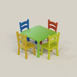 Colorful Blender 3D model showcasing a green table with red, yellow, and blue chairs, detailed textures by materialiq.