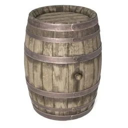 Detailed 3D model of a vintage wooden wine barrel with realistic textures and metal bands.