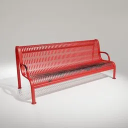 "City bench 3D model designed for Blender 3D with transportation-inspired red facial stripe and half-textured, half-wireframe construction. Subdiv Modifier compatible for optimal rendering. Octane render with three-dimensional features and metal shading."