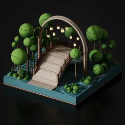 Detailed anime-inspired low poly 3D bridge model with trees, river, and foliage for Blender rendering.