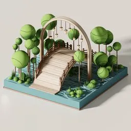 Detailed anime-inspired low poly 3D bridge model with trees, river, and foliage for Blender rendering.