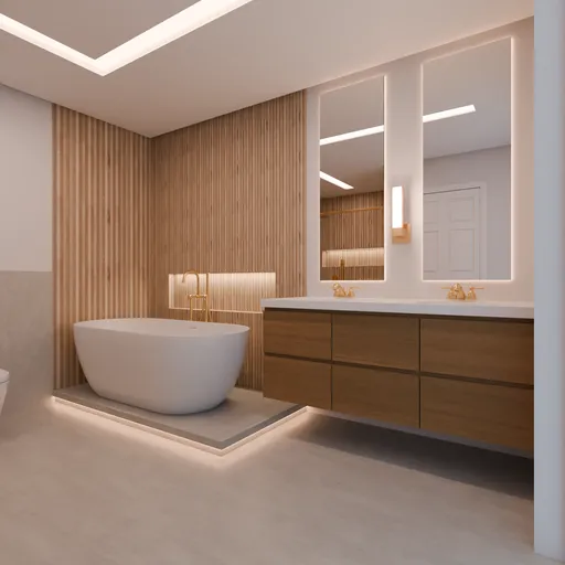 Modern 3D rendered bathroom with elegant fixtures and lighting, designed in Blender.