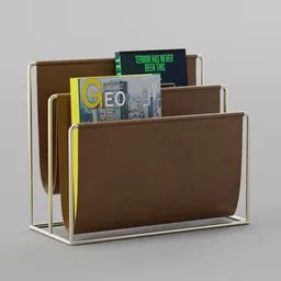 Detailed 3D model of a leather brass magazine holder with textures, ideal for Blender 3D hall scene renderings.