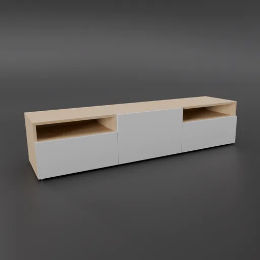 Modern 3D-rendered TV console with open shelving and white cabinets, designed in Blender.