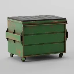 "High-poly Trash Dumpster with a green box, black top, and wheels, designed in Blender 3D. Perfect for cityscape scenes and Trash Polka-inspired artwork. Explore this realistic 3D model for your Blender 3D projects."