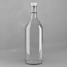 Realistic 3D rendering of a clear glass bottle with white stopper, ideal for Blender 3D projects.