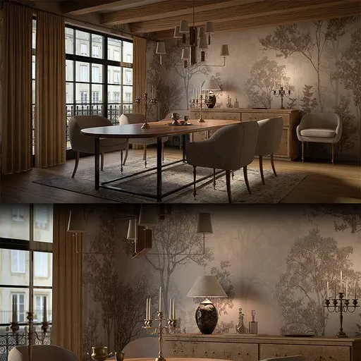 Cozy cabin dining room 3D model with PBR textures and unique Marvelous-designed bed.