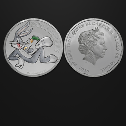 Detailed Bugs Bunny 3D coin model for Blender with cartoon character design and Queen Elizabeth II effigy.